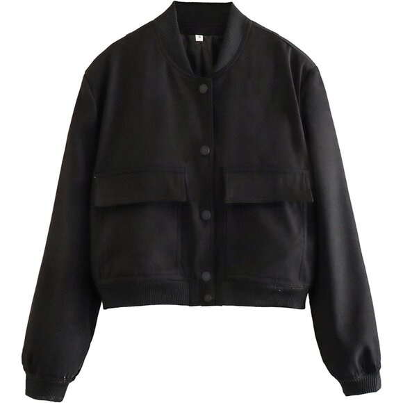 Women Black Cropped Bomber Jacket Button Down Varsity Shacket with Pockets - Picture 5 of 5